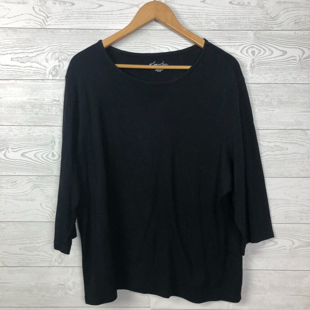 Kim Rogers Women's 2X Scoop Neck Tee Shirt 3/4 Sleeve 100% Cotton Solid Black
